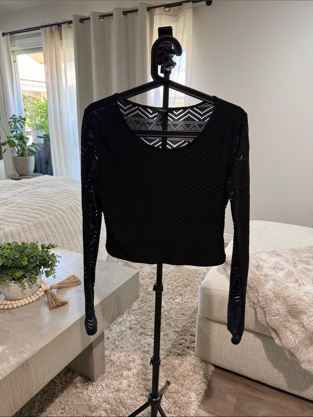 Black Crochet Long Sleeve Crop Top